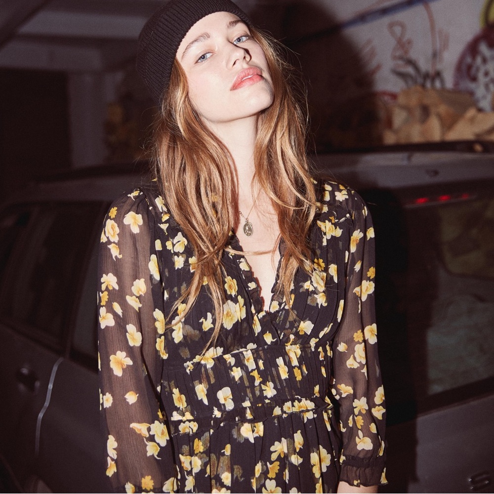 The Kooples Black and Gold Floral Midi Dress